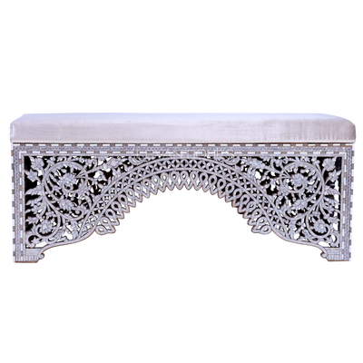 fabric upholstered entryway bench inlaid with pearl by Levantiques