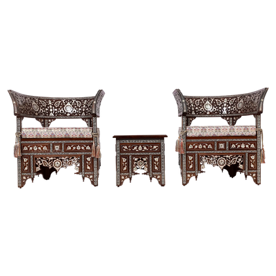 luxurious arabesque mother of pearl inlay armchair set by levantiques