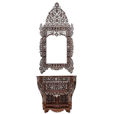 mother of pearl inlay entryway console table and a mirror by Levantiques