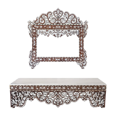 mother of pearl inlay wooden sideboard mirror set by Levantiques