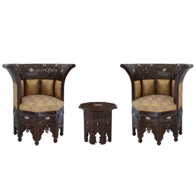 Brocade  wooden inlaid and craved Arabic chair set with table