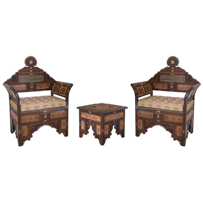 Carved Syrian Mosaic Wood Chair set by levantiques