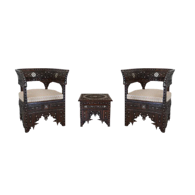 vintage mother of pearl inlay and craved wooden armchair set by levantiques