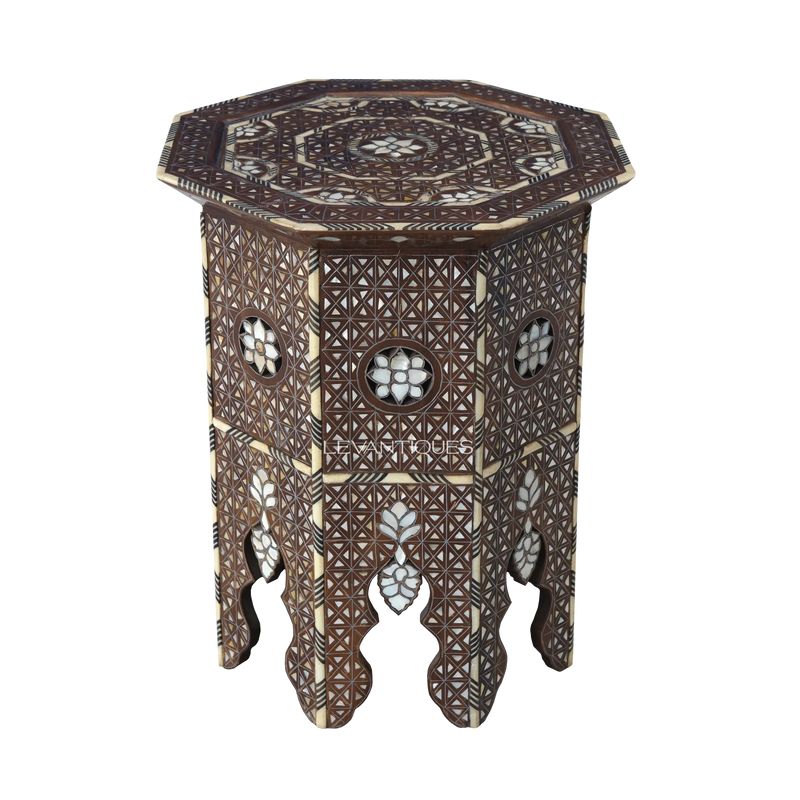 Octagonal Moroccan side table with mother of pearl inlay for modern interior by Levantiques