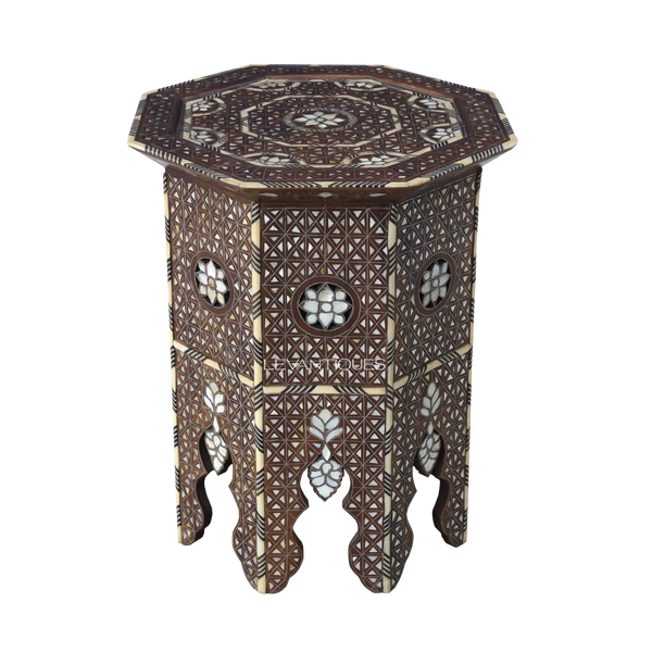 Octagonal Moroccan side table with mother of pearl inlay for modern interior by Levantiques