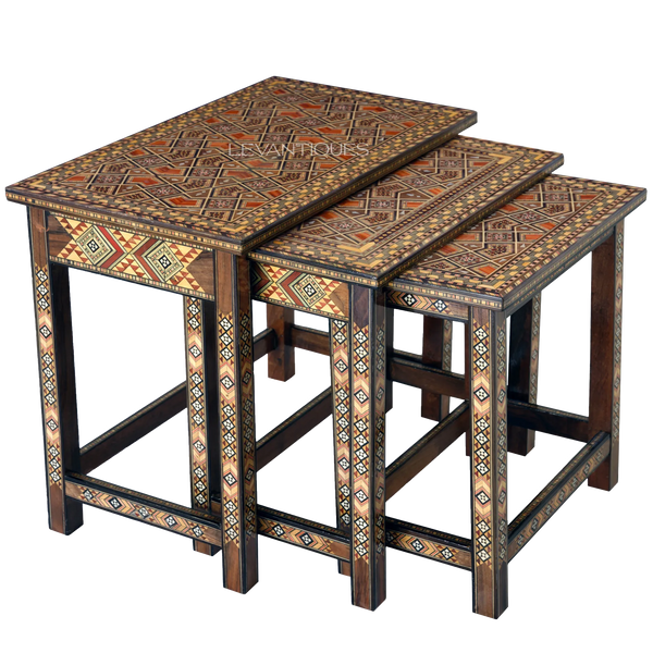 wood mosaic nesting coffee table with geometric design by Levantiques