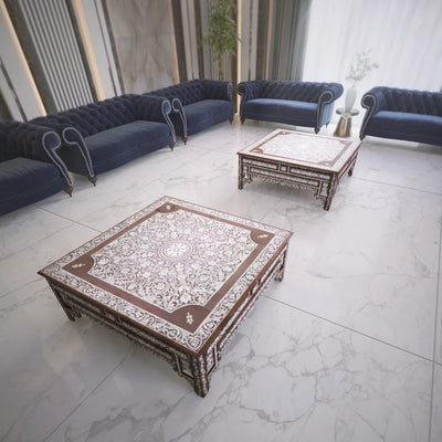 pearl inlaid Moroccan Coffee table in royal interior by Levantiques