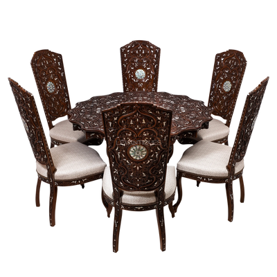 Carved walnut round dining table with six chairs by Levantiques