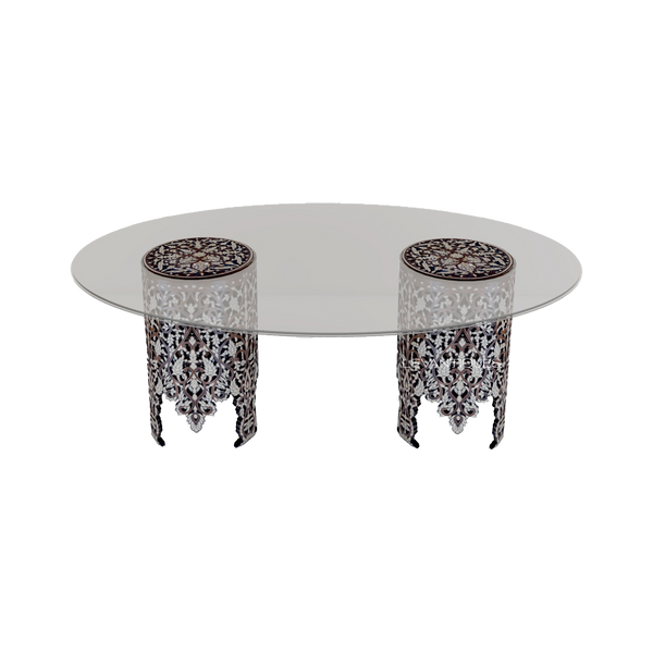 Luxury dining table in barrel shape with glass top by Levantiques