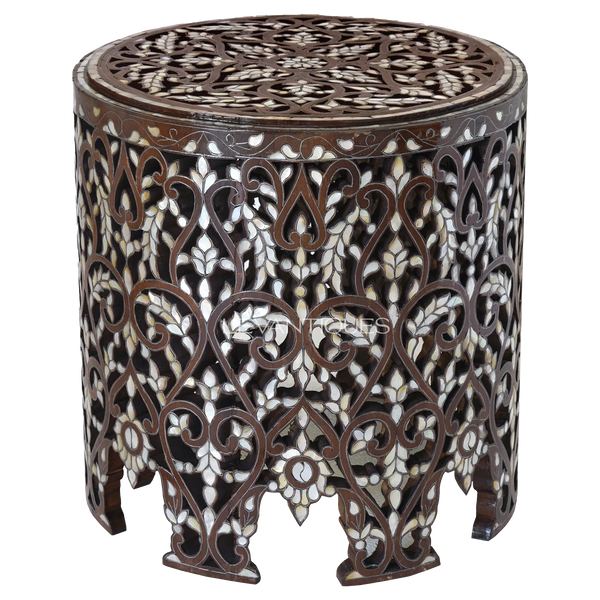 Round coffee table in carved wood and mother of pearl by Levantiques