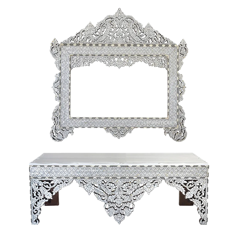 mother of pearl inlay console table with mirror by levantiques