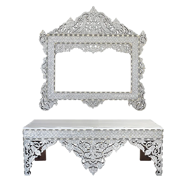 mother of pearl inlay console table with mirror by levantiques