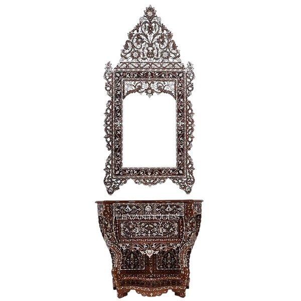 mother of pearl inlay entryway console table and a mirror by Levantiques