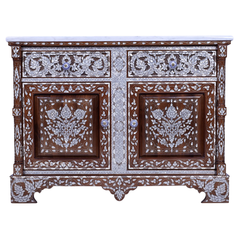 mother of pearl inlay living room cabinet with marble top by Levantiques