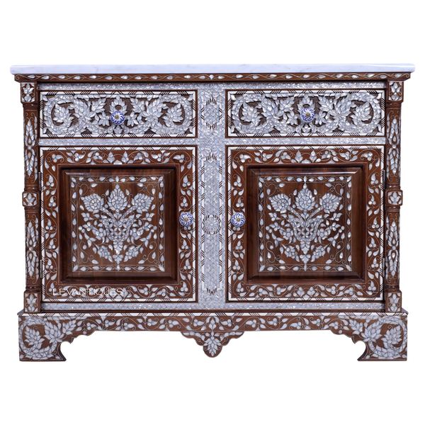 mother of pearl inlay living room cabinet with marble top by Levantiques