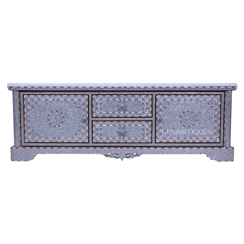 mother of pearl inlay white tv stand by levantiques