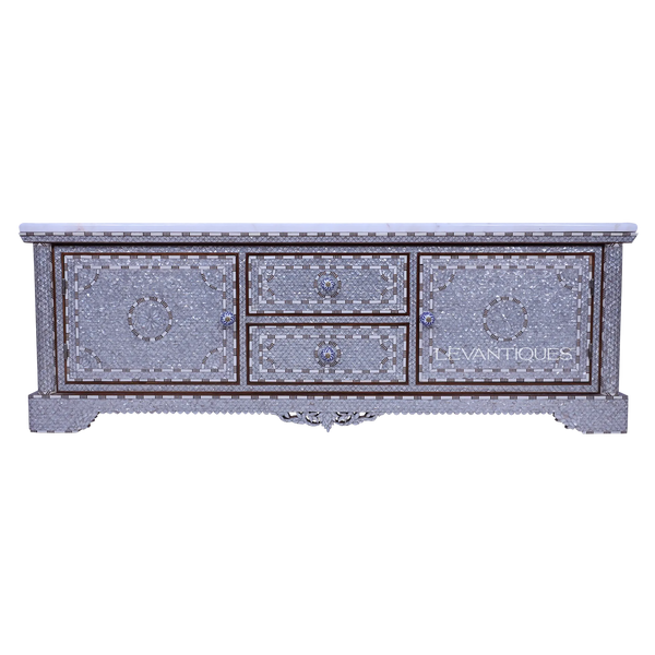 mother of pearl inlay white tv stand by levantiques