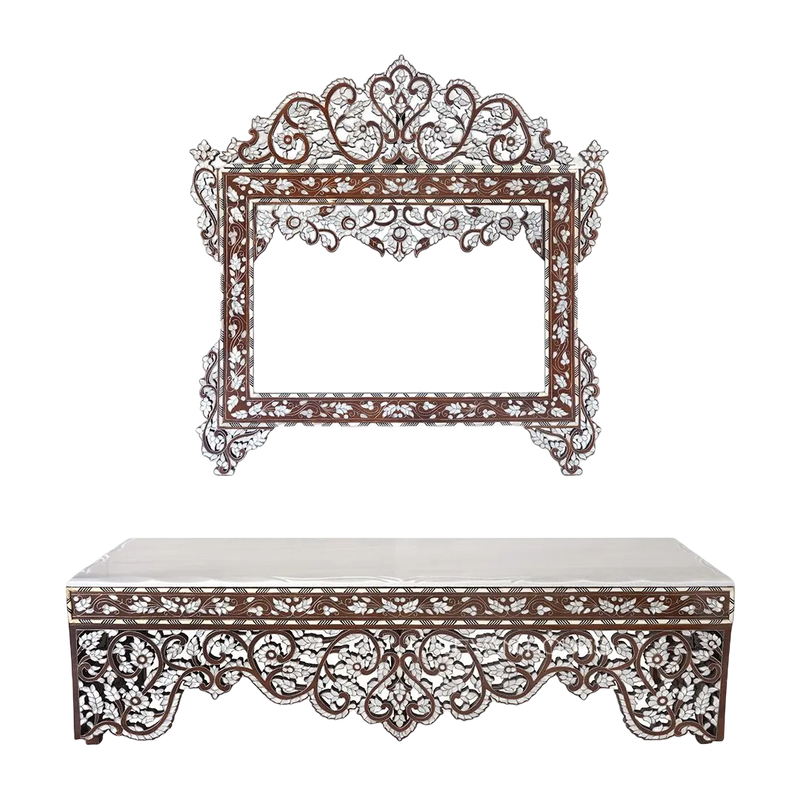 mother of pearl inlay wooden sideboard mirror set by Levantiques