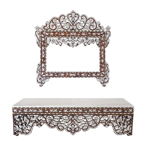 mother of pearl inlay wooden sideboard mirror set by Levantiques