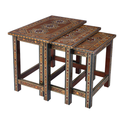 wooden nesting table inlaid with mother of pearl