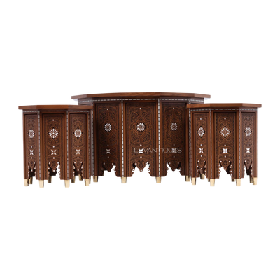 Moroccan coffee table set in carved walnut wood by Levantiques