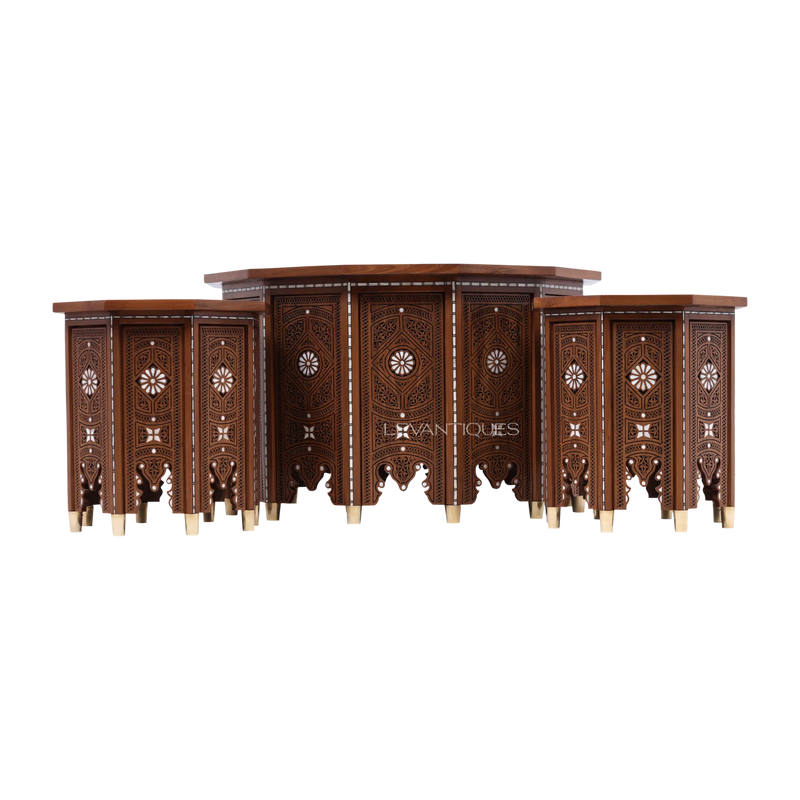 Moroccan coffee table set in carved walnut wood by Levantiques