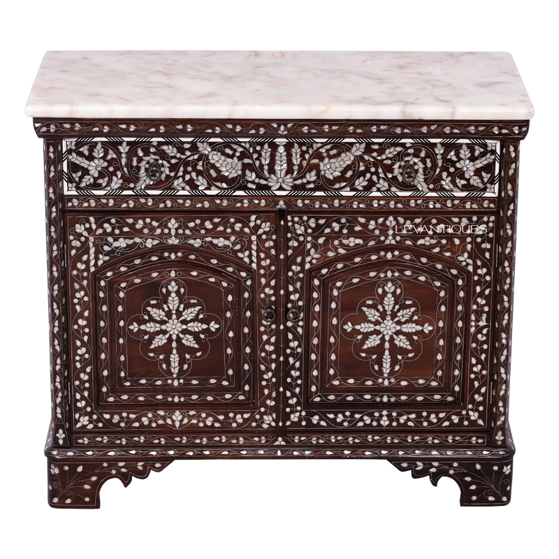 mother of pearl inlay cabinet with marble top by Levantiques