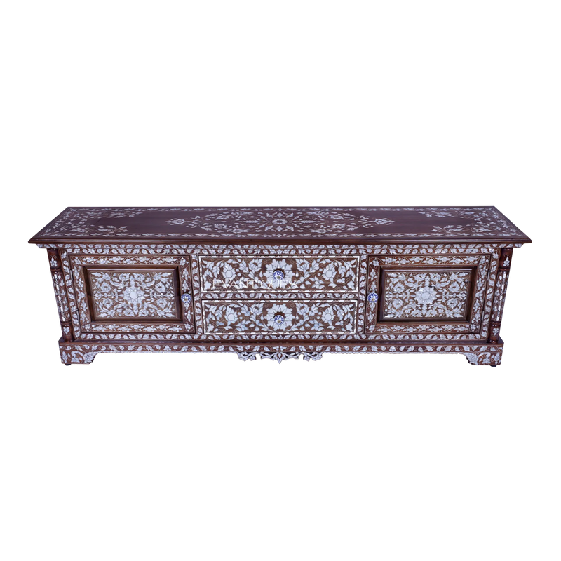 mother of pearl inlay luxury tv unit with drawers by levantiques