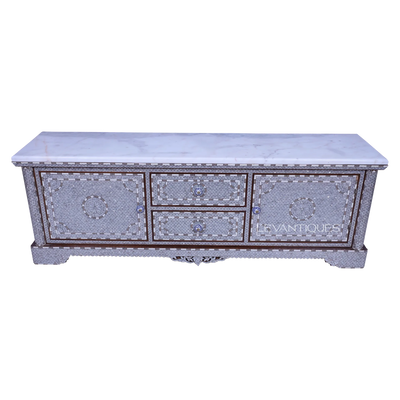 pearl inlay tv cabinet with white marble on top by levantiques