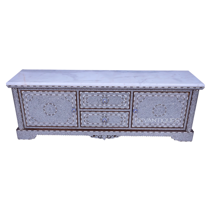 pearl inlay tv cabinet with white marble on top by levantiques