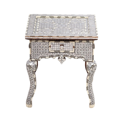 white nightstand with drawer inlaid with pearl by Levantiques