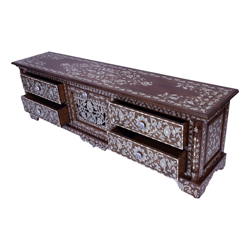 Wooden TV stand with drawers inlay with pearl by levantiques