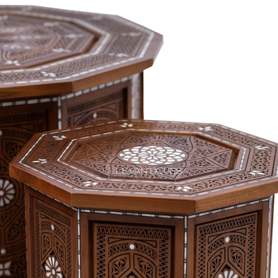 Carved wood coffee table set by Levantiques