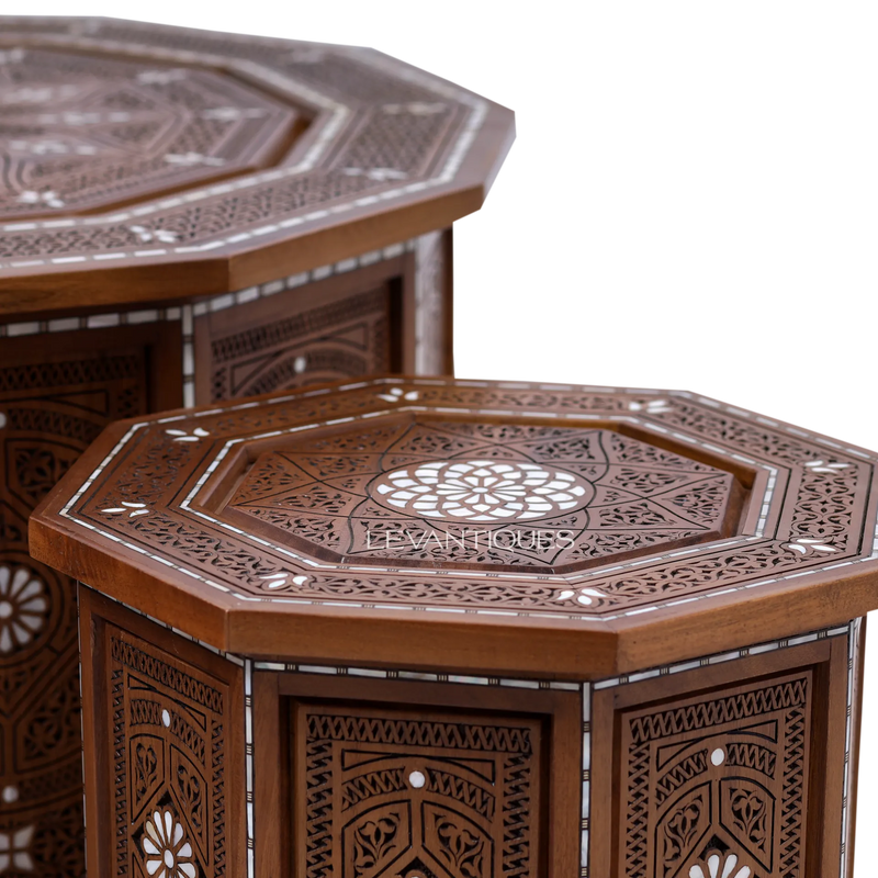 Carved wood coffee table set by Levantiques