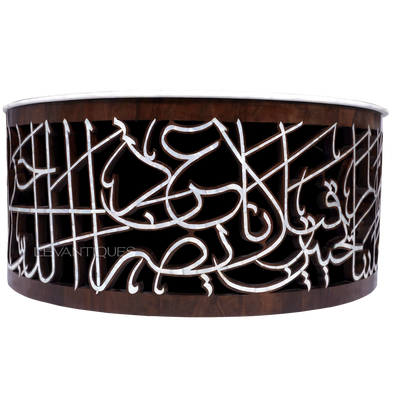 Round center table with marble top and  Arabic calligraphy art by Levantiques