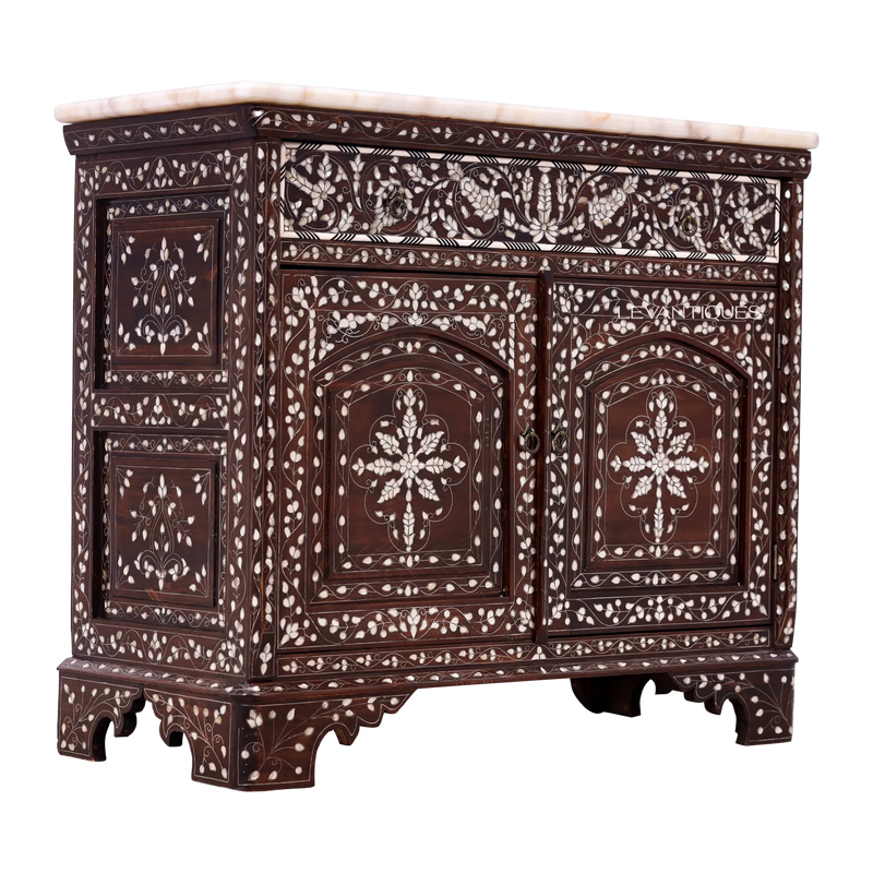 vintage wooden cabinet inlaid with pearl by Levantiques
