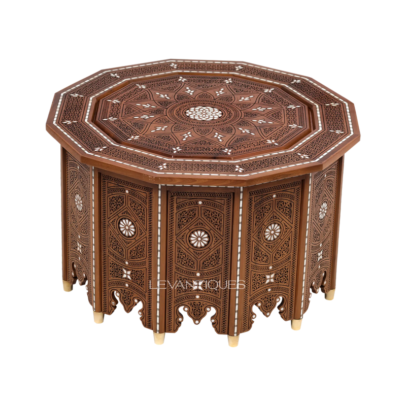 Arabic coffee table in carved walnut and mother of pearl by Levantiques