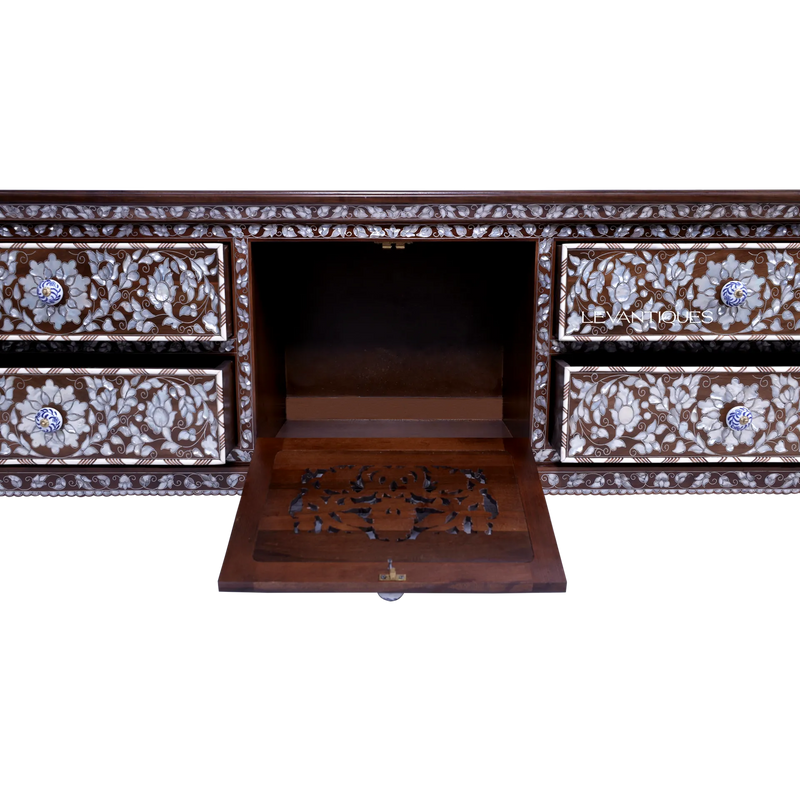 wooden TV stand inlay with mother of pearl by levantiques