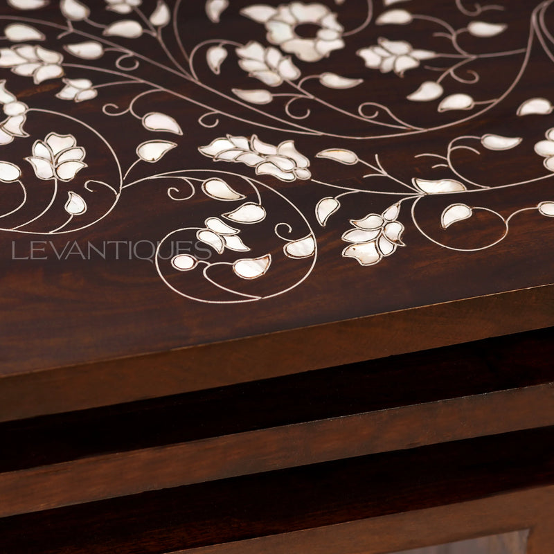 Nesting table in walnut inlaid with pearl by Levantiques