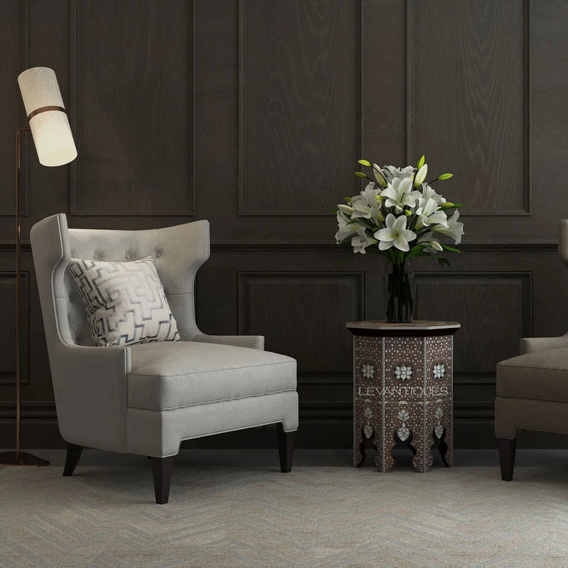 beautiful end table and accent chairs in classic interior by Levantiques