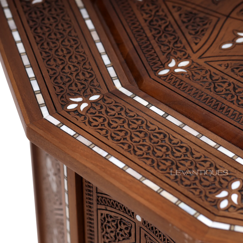 Islamic inlay art on carved wood coffee table by Levantiques