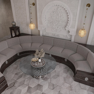 Andalusian interior with majlis sofa and Moroccan coffee table by Levantiques