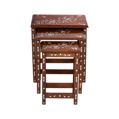 Arabic design nesting table in walnut and pearl by Levantiques