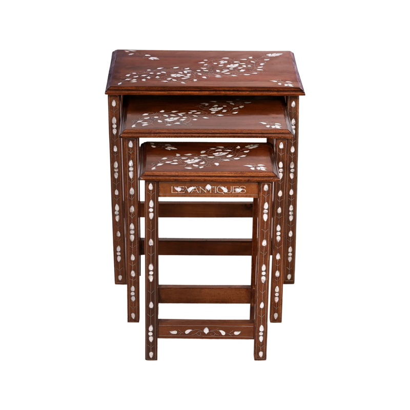 Arabic design nesting table in walnut and pearl by Levantiques