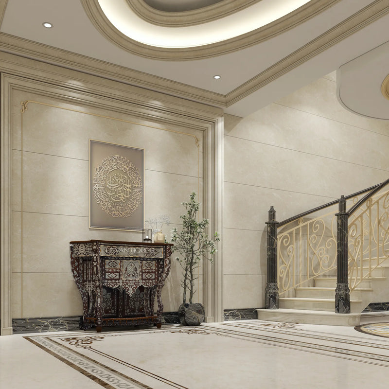 Inlaid console table in luxury hall interior design by Levantiques