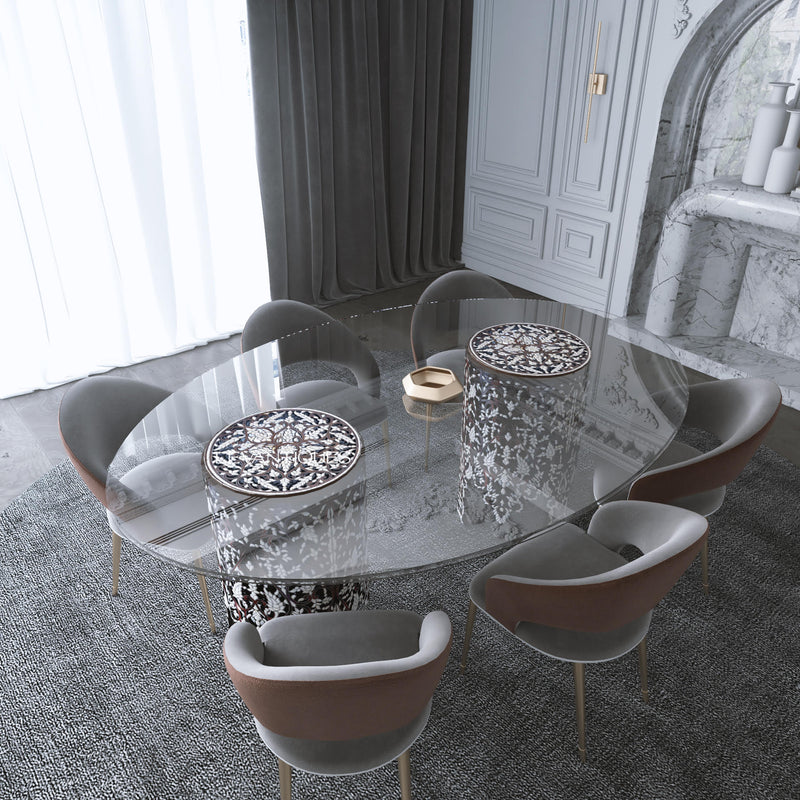 Inlaid dining table with glass top in modern Arabic interior design by Levantiques 