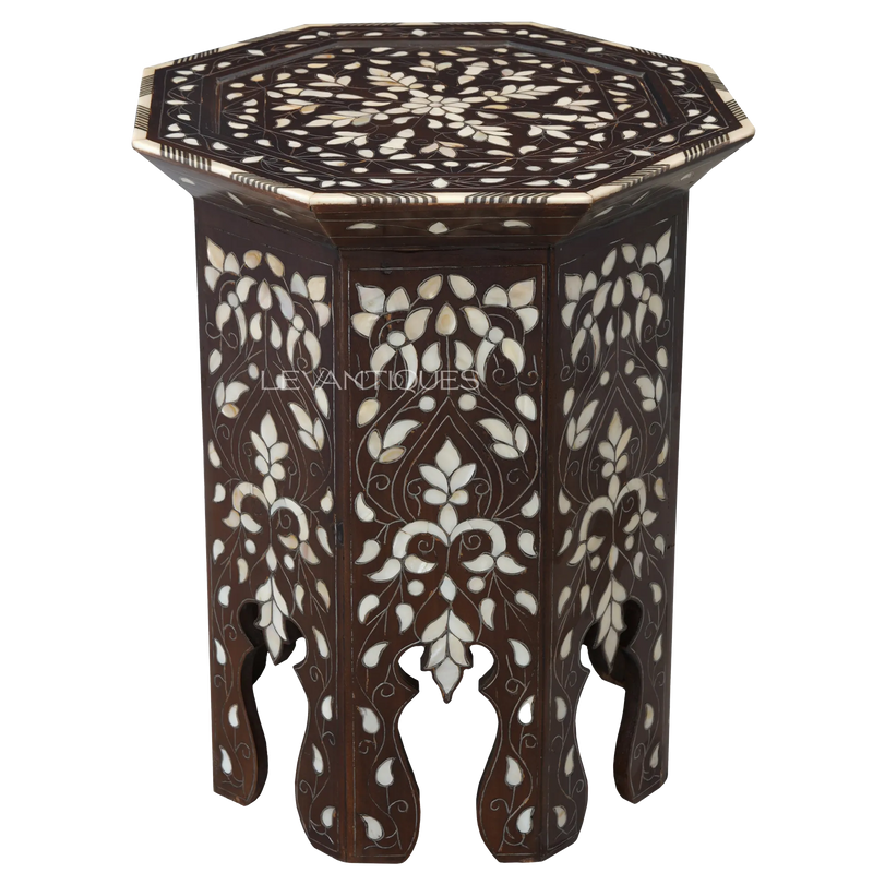 Octagonal side table in walnut and mother of pearl by Levantiques