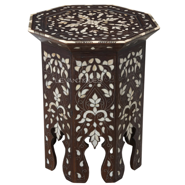 Octagonal side table in walnut and mother of pearl by Levantiques