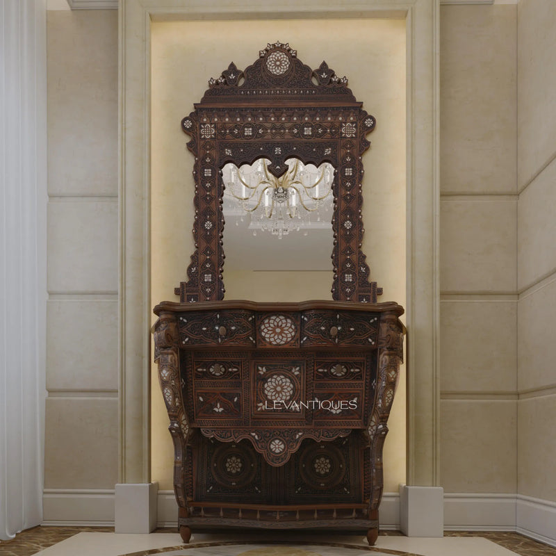 hand engraved wooden console mirror by levantiques