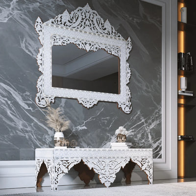 mother of pearl inlay console with mirror set in a luxury entrance design by Levantiques